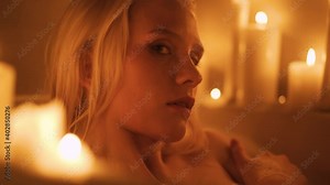 young girl relaxes in the bath by candlelight and blows off the foam.