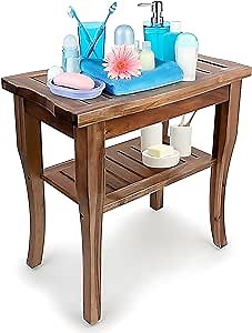 Teak Shower Bench - Solid and Water -Resistant Teak Bench with Storage Shelf Easy to Use Bath Stool with Non-Slip Pads -Assembly Required (Large)