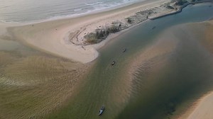 Aerial view of Goa river mouth meeting the Arabian Sea beach
