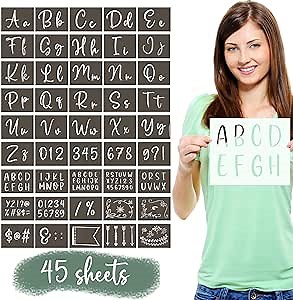 45 Reusable Calligraphy and Cursive Stencil kit - 2 Matching Fonts - Includes Upper and Lower case Lettering, Numbers, Florals, Punctuation - Large Stencils Letters for Painting on Wood