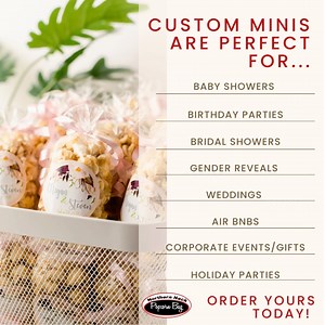Custom Minis Make it Memorable!! Let our team design beautiful custom labels based on your wedding invitations, your baby shower invites and more! We can even put your Company Logo on them! Order Custom Minis for your event today! #Customgifts #customorder #corporategifts #gourmet #popcorn #foodgifts #babyshower #weddingfavors #weddings #weddinginspo #holidaypartygifts | Northern Neck Popcorn Bag
