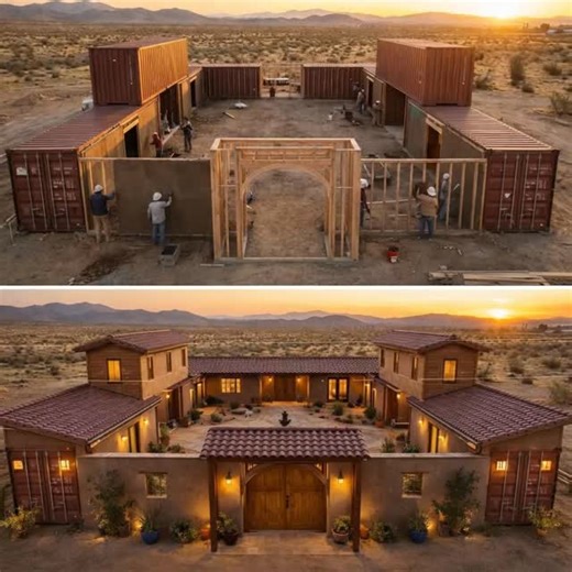 Container Home Design on Instagram: "From Steel Boxes to a Warm Desert Retreat This striking project showcases the dramatic transformation of shipping containers into a refined, courtyard-style residence. In the construction phase, multiple containers are carefully arranged to form a U-shaped layout, creating a strong structural backbone while leaving a generous central open space. Timber framing and earth-toned walls begin to define the home’s character, blending industrial strength with tradit