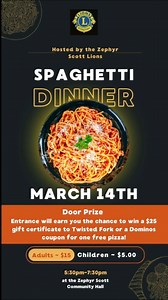 The Zephyr Scott Lions will be hosting another spaghetti dinner on Friday, March 14th! Dinner is $15 for adults and $5 for children. This will include garlic bread, Caesar salad and different desserts! Donations of food, pop tabs, coats, empty milk bags and eye glasses are encouraged to support local charities, we will be accepting these upon entrance. ✨ NEW ✨This spaghetti dinner will feature a craft table for kids to enjoy throughout the night. 🎨🖌️We will also have two separate door prizes a