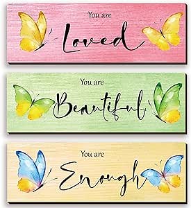 3Pcs Butterfly Girls Room Wall Decor Butterfly Wall Art Inspirational Butterfly Bedroom Decor with Positive Quotes You Are Loved Rustic Plaque for Girl Princess Toddler Nursery(Butterfly 12x 4Inches)