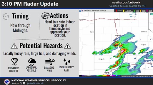 315PM: Severe thunderstorms have begun to develop and move NW through the area. Large hail and damaging wind gusts along with tornadoes and flash flooding are all possible. #txwx #lubwx | US National Weather Service Lubbock Texas