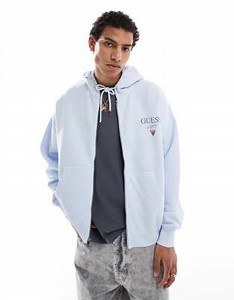 Guess Originals unisex stacked logo zip through hoodie in light blue | ASOS