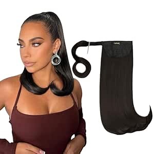 LullaBellz Synthetic Hair Extension – Wraparound Pony, Mini Grande 18” Length, Pre-Styled 90s Bounce, Dark Brown, Built In Comb Clip, Velcro Wrap Piece, 2 Hair Grips, Suits All Hair Types