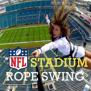 #TeamSuperTramp is at it again pulling off a massive NFL stadium rope swing to zipline! Free-falling cheerleaders and mascots should be a staple of every halftime show! | Insane Stunts