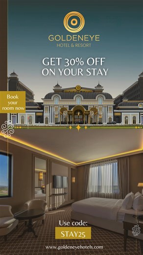 Kapıkule’ye sadece 750 metre, İstanbul’a 2 saat uzaklıktaki Golden Eye Hotel & Resort’ta şehirden uzak, keyif dolu bir deneyime hazır mısın? 🧖‍♀️ Spa ile yenilen, 🎉 Eğlence dolu akşamların tadını çıkar, 🚗 Özel transfer hizmetiyle rahat ulaşım seni bekliyor. Rezervasyon sırasında 'STAY25' kodunu kullan, 0 indirim fırsatını yakala! Lüks, huzur ve eğlence dolu bir kaçamak için hemen yerini ayırt! | GoldenEye Hotel and Resort