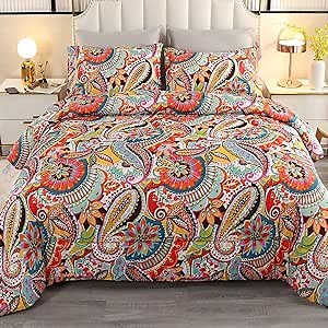 Bohemian Flower King Comforter Sets 3 Pieces, Reverse Boho Comforter Bedding Sets for King Bed, Beautiful Boho Flower Bed Comforter