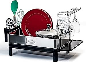 Dish Drying Rack – Large Capacity Stainless Steel Dish Drainers for Kitchen Counter with Wine Glass Holder, Cutlery Holder – Heavy Duty Drain Board – Easy to Clean and Elegant