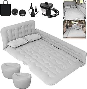 Car Air Mattress,SUV Air Mattress, SUV Inflatable Car Bed for Back Seat Sleepping, with Pillows & Fill Piers, Thickened Flocking & PVC Surface, Air Mattress for Camping,Home Car Travel- Grey