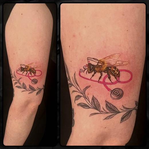 The customer wants a bumble bee wearing a nurses hat and a stethoscope... Yup! We can do that. Check out this adorable little guy by Alina. Message her for your next idea. She has a couple of openings available this month. Great job, Alina. | Kryptonian Ink