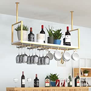 Ceiling Wine Glass Rack - 47.2 inch Metal Wine Rack with 2 Kinds Glass Holder, Hanging Stemware Goblet Wine Glass Holder Perfect for Bar Cafe Kitchen Restaurant, Display Stand Gold