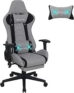 ELECWISH Gaming Chair Fabric with Footrest, Computer Gamer Chair with Massage Lumbar Support, Ergonomic Reclining Game Office Chair for Adults with 2D Armrest, Headrest, Black and Grey
