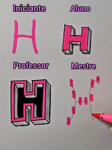Desenho Letra H rosa 3D - passo a passo fácil