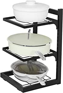 NETEL Heavy-Duty Adjustable Standing Pan and Pot Holder Rack, Cookware Shelf Suitable for Kitchen Counter, Under Sink Cabinet, No Assembly Required, Matte Black (3-Tier,Square)