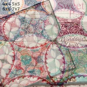 We have a very special NEW design release today Introducing the Designer Cathedral Windows Quilt ITH In the hoop machine embroidery design. Sew each block in the 4x4, 5x5, 6x6 or 7x7 hoops. The finished sizes can be completely dependent on how many blocks you use and the borders you add. Each block is made individually in the hoop. You could completely change the look of this quilt by changing the fabric. We used the Bird Pond range from Tilda to achieve our look! Full photo instructions and dir