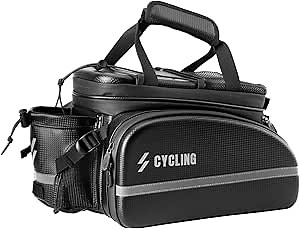 ROCKBROS Bike Trunk Bag - Carbon Leather Bicycle Rear Seat Cargo Bag Pannier Handbag 3 in 1