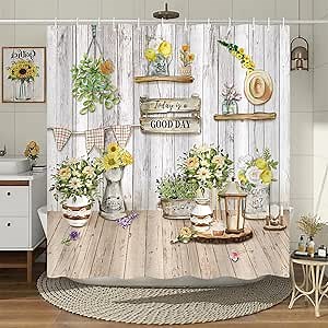 Vintage Country Shower Curtain, Farmhouse Rustic Shower Curtains for Bathroom, Antique Wood Floral Fabric Shower Curtain with 12 Hooks, 72x72 Inch (County)