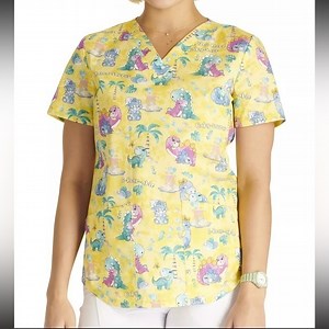 Cherokee Medical Uniforms Unisex Yellow Baby Saur Print Scrub Top