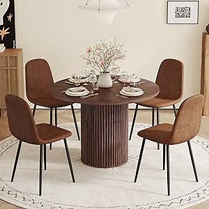 Round Dining Table Set for 4,Wood Round Dining Room Table Set,42" Small Kitchen Table Set with Sturdy Wood Strip Base with 4 Cushioned Chairs for Kitchen Dining Room Apartment-Space Saving