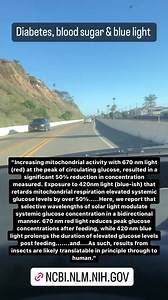 "Increasing mitochondrial activity with 670 nm light (red) at the peak of circulating glucose, resulted in a significant 50% reduction in concentration measured. Exposure to 420nm light (blue-ish) that retards mitochondrial respiration elevated systemic glucose levels by over 50%.....Here, we report that selective wavelengths of solar light modulate systemic glucose concentration in a bidirectional manner. 670 nm red light reduces peak glucose concentrations after feeding, while 420 nm blue ligh