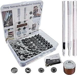 25 Sets Snap Fasteners Kit Brass Material with Sharp Hole Punch Cutter and Standard Install Tool、Practice Operations Webbing ，for Clothes、Jackets、Jeans Wears Bags (12.5MM)
