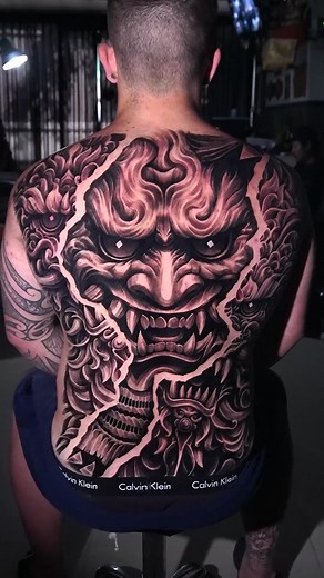 Oni Mask Full-Back Tattoo Design Inspiration