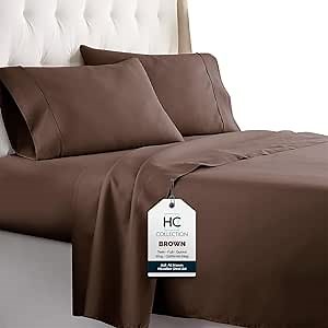 HC COLLECTION Bed Sheets Set King with 2 Pillowcases, Hotel Luxury Platinum 1800 Series Brushed Microfiber Sheet w/Deep Pocket, Ultra Soft Lightweight 4 Pcs Linen Bedding for Hot Sleepers, Brown