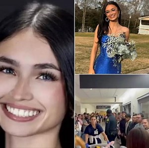 Caption: Heartbreaking footage shows the moment students fill a hospital hall to say goodbye to the cheerleader who was on life-support after being shot at a party. Rest in peace, 18-year-old Kimber Mills 💔👇 | Life Everyday