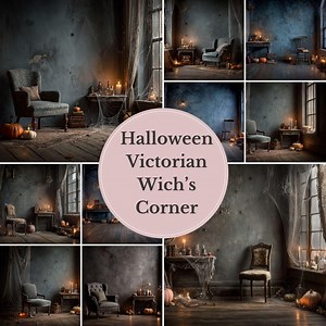 Victorian Witch's Corner Backdrop – Vintage Halloween Room With Pumpkins, Candles and Antique Chair - Etsy