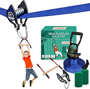 Ninja Slackline Pulley Kit - 52FT Ninja Slackline Zip Line -Monkey Bar, Most Accessory for Ninja Warrior Obstacle Course for Kids&Adults Backyard, Outdoor Playset Jungle Gym