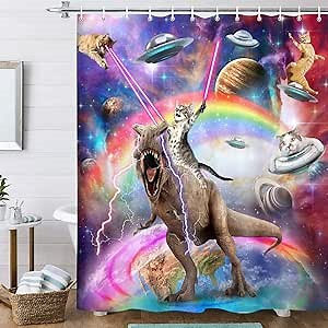 Funny Cat Shower Curtain Boys Kids Bathroom Decor, Cool Riding Dinosaur On Fantasy Galaxy Hilarious Curtain, Funky Outer Space Universe Anime Fabric with 12PCS Hooks, 70X84IN