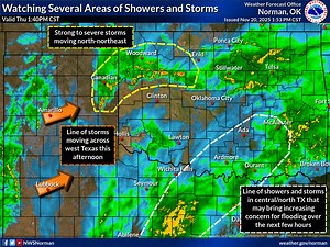 11/20 @ 2:02 PM Watching several areas: - Strong to severe storms moving NNE across NW OK with hail and winds the primary hazards - Line of storms moving E across W TX - Line of showers/storms from central TX into SE OK with increased flooding concerns over the next few hours | US National Weather Service Norman Oklahoma