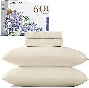 Carressa Linen 100% Egyptian Cotton Sheets - 600 Thread Count 4 PC Full Size Sheet Set, Soft, Cooling, High Thread Count Sateen, Extra Long Staple Luxury Hotel Bedding, 16 In Deep Pocket - Ivory Cream