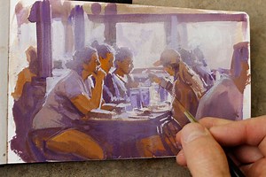 Yesterday in a diner. Gouache limited palette: brilliant purple (WN), raw sienna, cad yellow deep, and Chinese white (plus white chalk for the glare effect). Next video "Portraits in the Wild" releases June 13. Get "Gouache in the Wild" today: https://gumroad.com/l/gouache | James Gurney