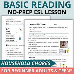 Adult ESL Learning English Worksheets for Beginners Vocabulary Household Chores