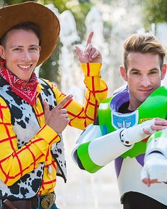 Grooms dress as Woody and Buzz Lightyear at Disney-themed wedding