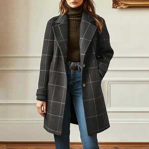 Women's Retro Plaid Coat, Mid-Length Notch Lapel Trench Jacket, Classic Checkered Pattern Overcoat, Elegant Business Casual Outerwear, Fall 2025 Fashion Coat Grey S - Walmart.com