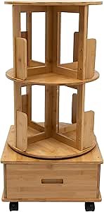 Rotating End Table Bookshelf 2-Tier Corner Bookshelf with Storage Drawer Multi Storage Table Floor Standing Storage Rack Side Table with Rolling Wheels for Bedroom Living Room (Primary Color)