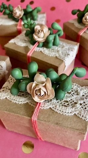 Bridal Shower Gift Boxes. With lace, succulents and paper flowers. #bridalshower #partyfavors #WeddingFavors #giftwrapping #hamdmadegifts | Handmade Happy Hour with Cathie Filian