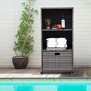 Pool Towel Valet Rack - Removable Pool Accessory Storage Organizer, Waterproof PE Rattan, 2 Storage Shelves,1 Bottom Drawer for Pool Hot Tub Spa