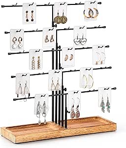 HULISEN Earring Display Stands for Selling, Adjustable Height Earring Displays for Vendor Events, 30 Hooks, Jewelry Display Rack Holder with Wooden Tray for Earring Cards, Keychains, Carbonized Brown