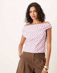 ASOS DESIGN modal drape off-shoulder top in pink stripe (Part of a set) | ASOS