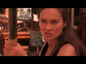 Tia carrere hit guy in the groin by shovel. (relic hunter)