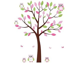 Owl Wall Art, Pink and Green Owls, Owl Decals with Vinyl Tree