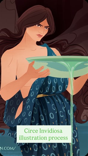 Flora 🏺🌿 on Instagram: "Circe Invidiosa study 🐉🏺🌊 I had so much fun creating this, it’s inspired me to do some more studies and then get back to creating original pieces 🧡 🖼️July’s illustration is a study of Circe Invidiosa by the iconic John William Waterhouse. The scene, originally painted by Waterhouse in 1892, shows Circe (invidiosa - Latin/Italian for envious & hostile) pouring a potion into the pool where the nymph Scylla is going to bathe. Wallpapers, print, sticker, and full downl