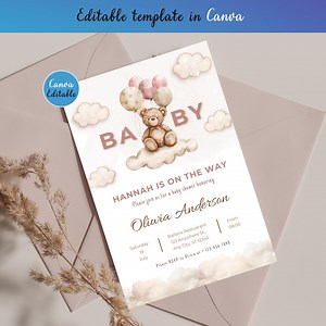 Baby Shower Invites Digital Download, Girl Pastel Balloons, Editable Canva Template, Printable 5x7 Baby Shower Invite, Teddy Bear Balloon - Etsy