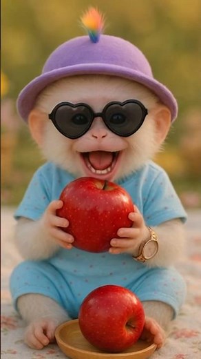 Cute Baby Monkey Eating a Giant Apple 🍎🐒 | Most Adorable Fruit ASMR Ever!